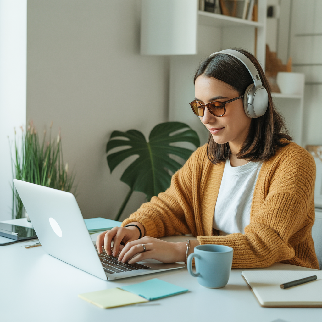 ideogram v3.0 A young freelancer working on a laptop at a modern home workspace with coffee mug headphones and 0 2