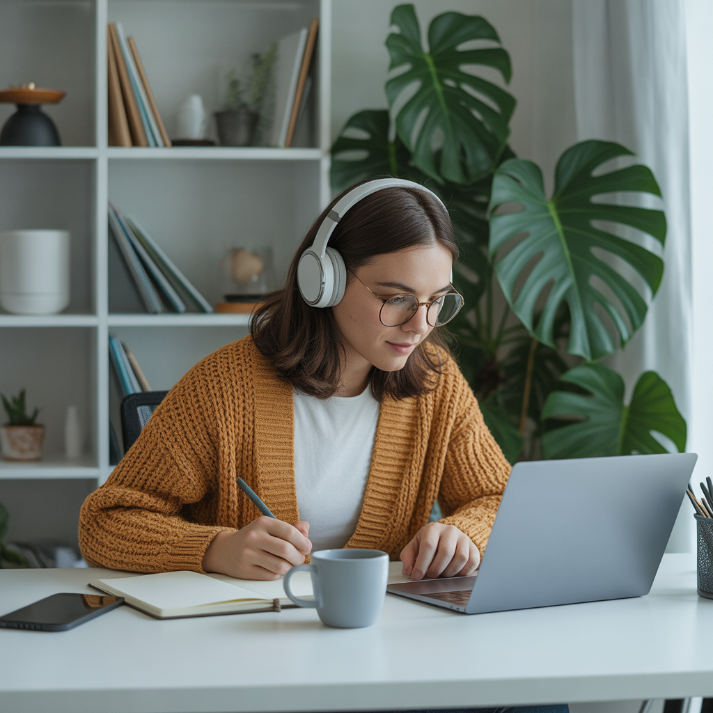 ideogram v3.0 A young freelancer working on a laptop at a modern home workspace with coffee mug headphones and 0