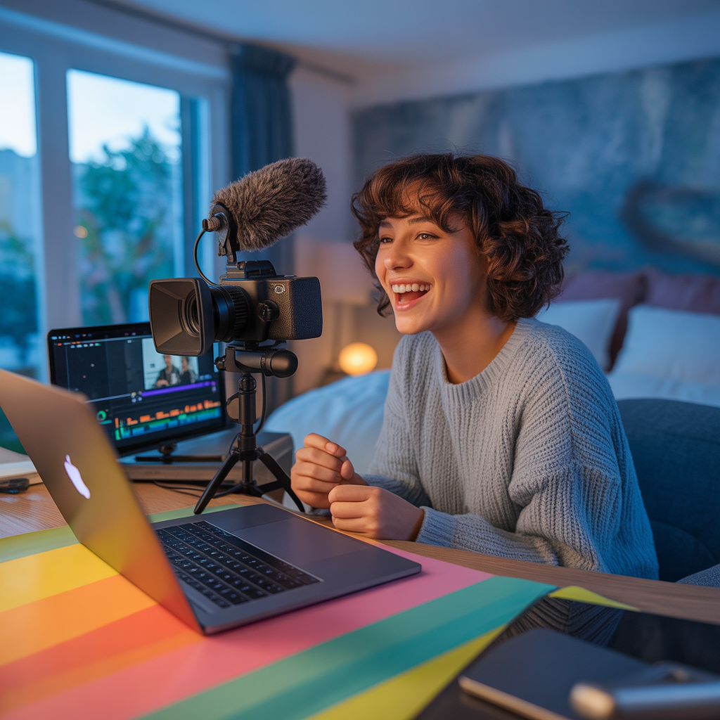 ideogram v3.0 a cinematic photo of a student with curly brown hair and bright smile creating a vlog with a high d 0