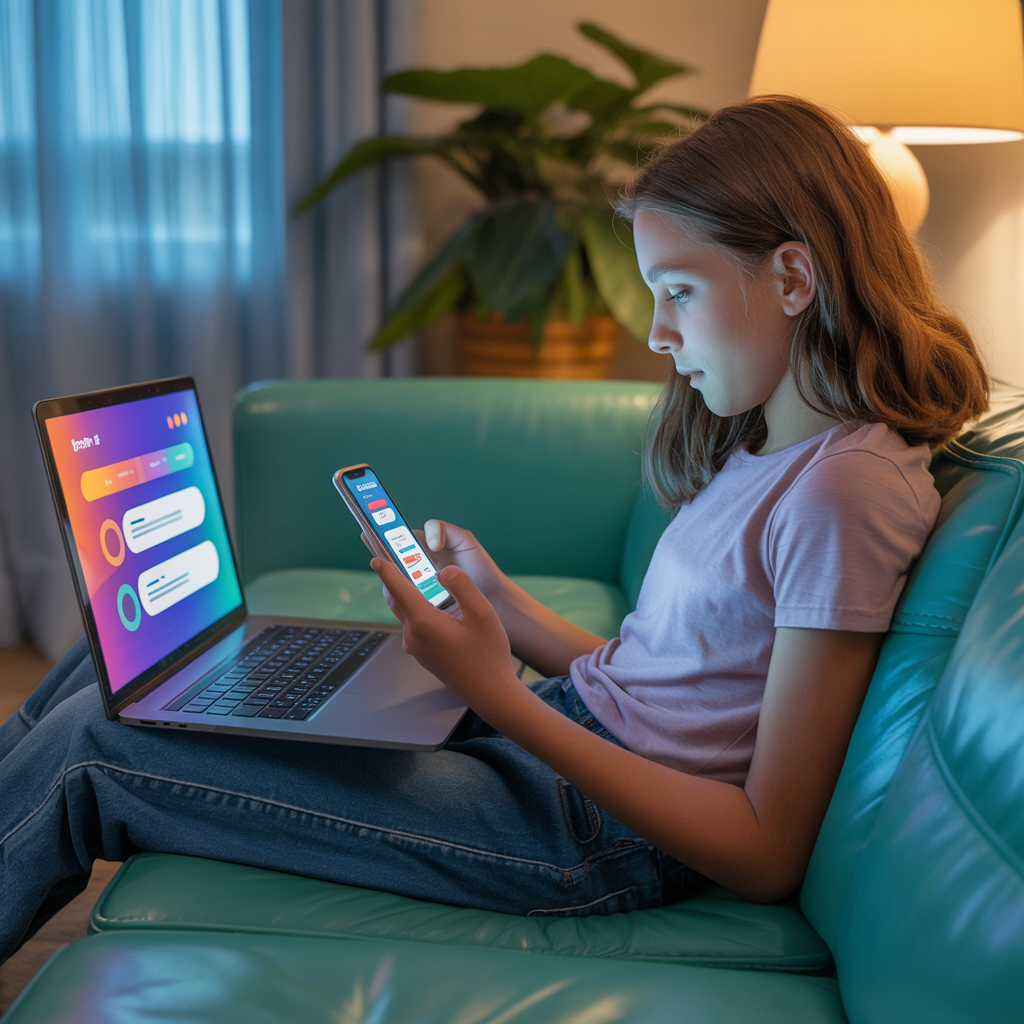 ideogram v3.0 a surreal and vibrant cinematic photo of Teenager filling out online surveys on a laptop and smartp 0