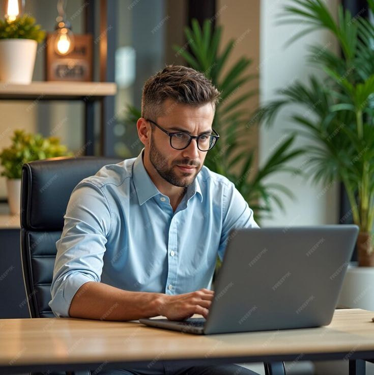 MiddleAged Caucasian Man Working on Laptop in Office